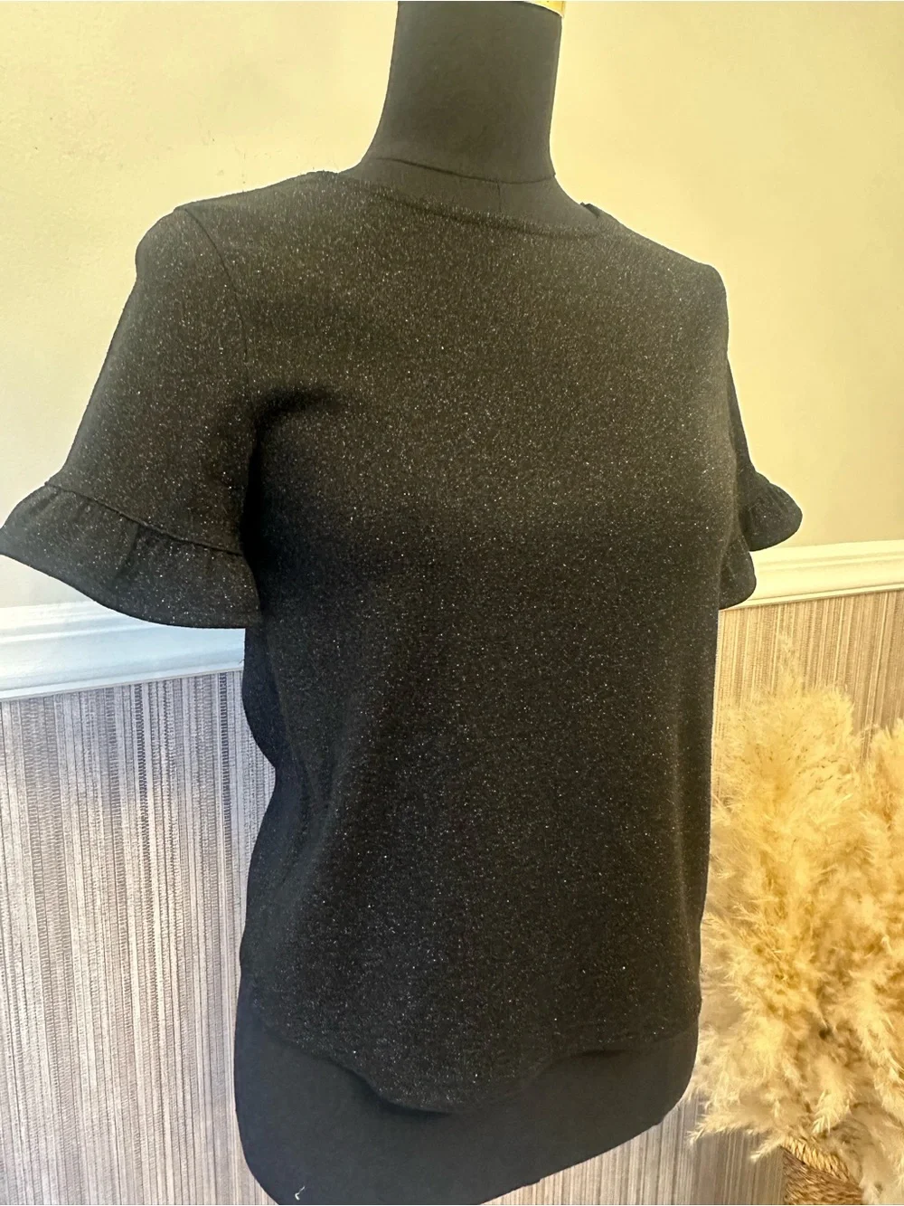 NA-KD Black Glitter Knit Flutter Sleeve Top XS Sparkle Party Blouse - Picture 2 of 7